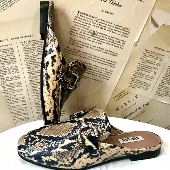 Anthropologie Bibi Lou Zagreb Slip On Loafers Snakeskin Embossed Tan Black - Picture 2 of 9